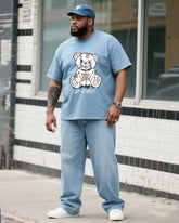 Plus Size Men's Daily Casual Bear Printed Denim T-Shirt Pants Suit